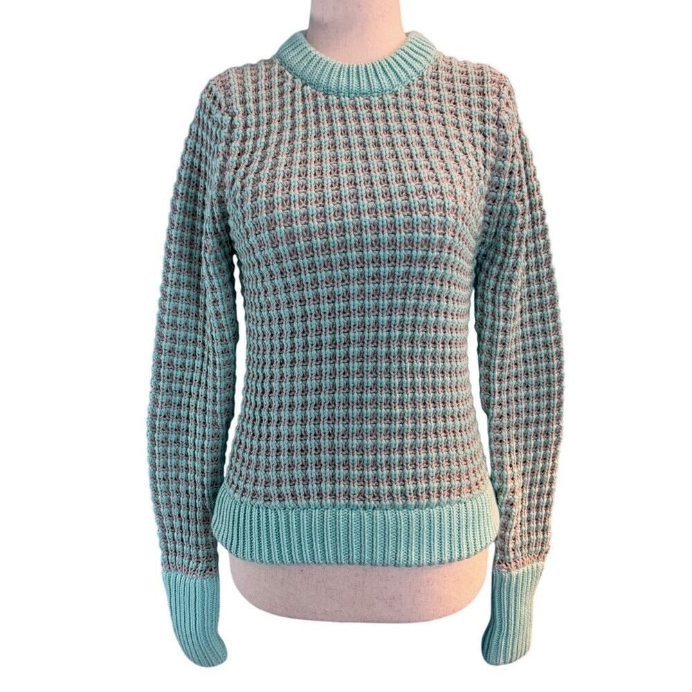 NWT KSUBI Cotton Teal Gray Chunky Waffle Knit Pullover Sweater XS Retail $385